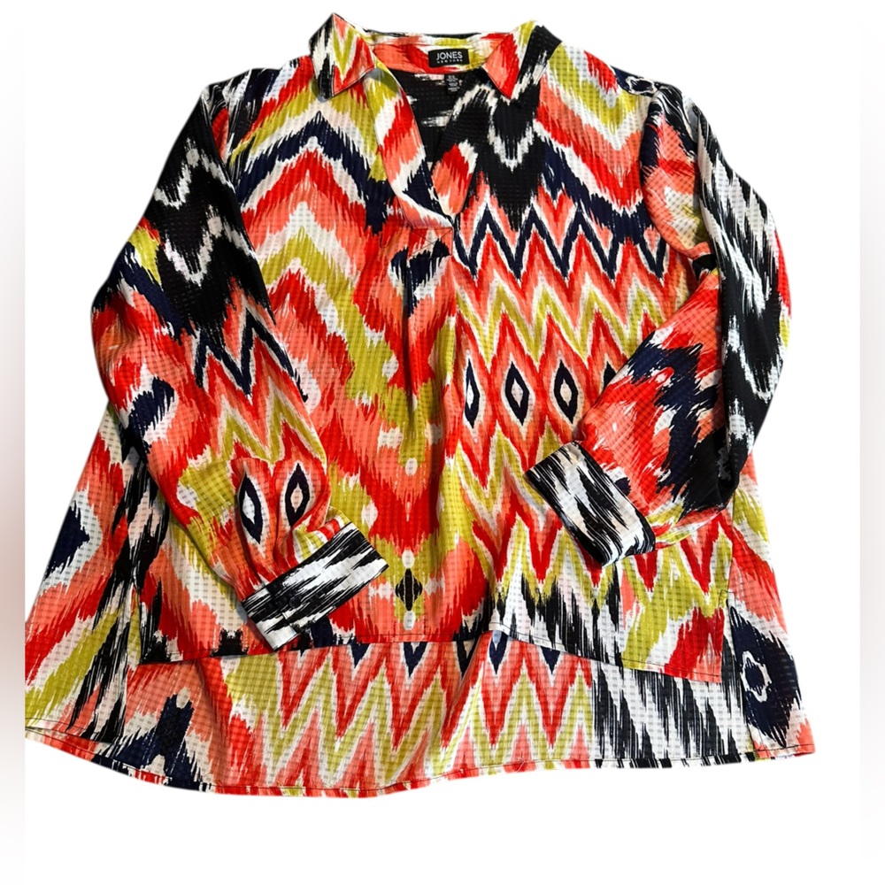 Jones New York Sheer Ikat Print Blouse XL Oversized Boho Tunic Top Artsy Spring